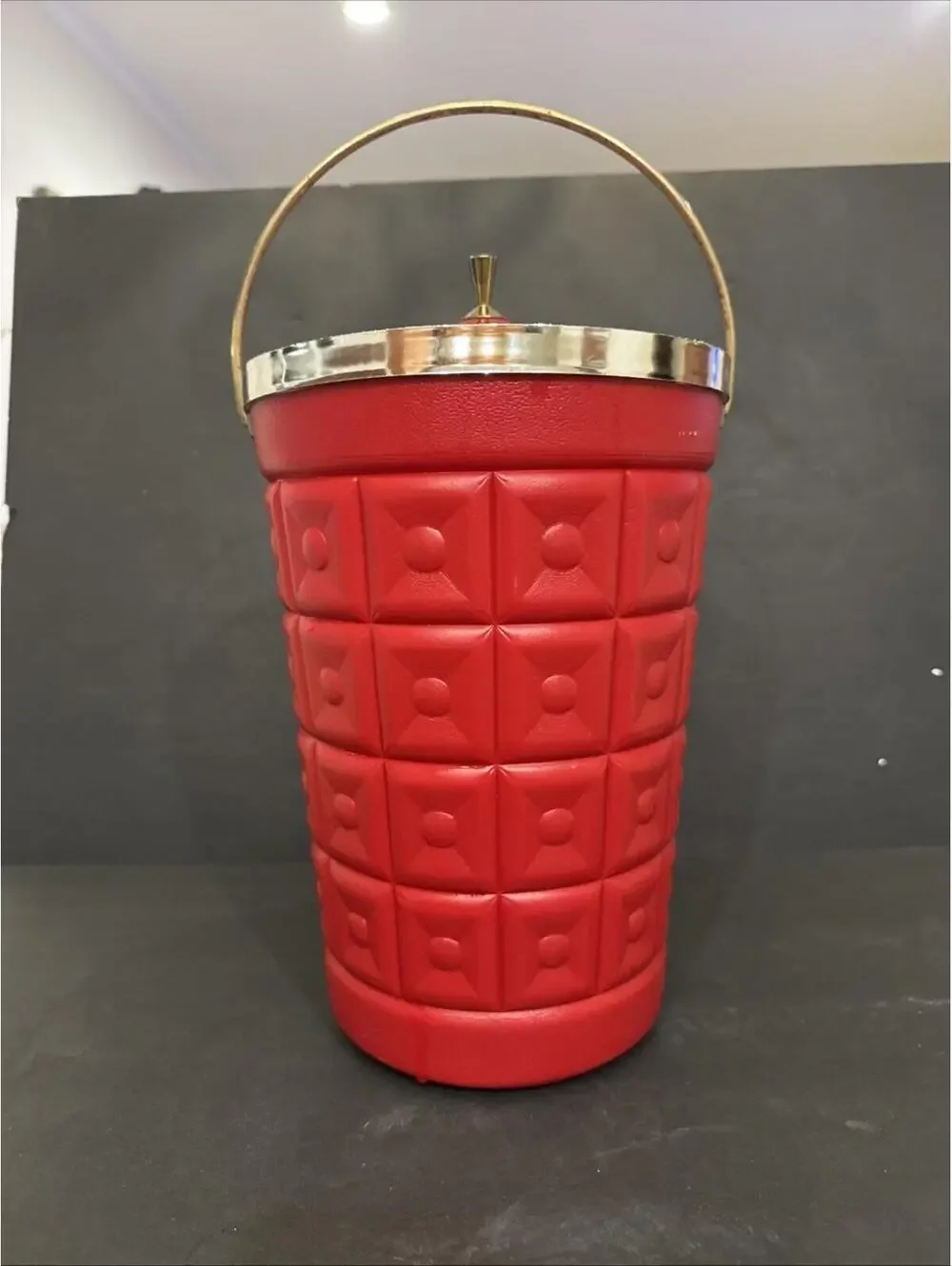 Vintage 1960’s Red Lustro Ware Plastic Ice Bucket With Gold-tone Accents. 14” H
